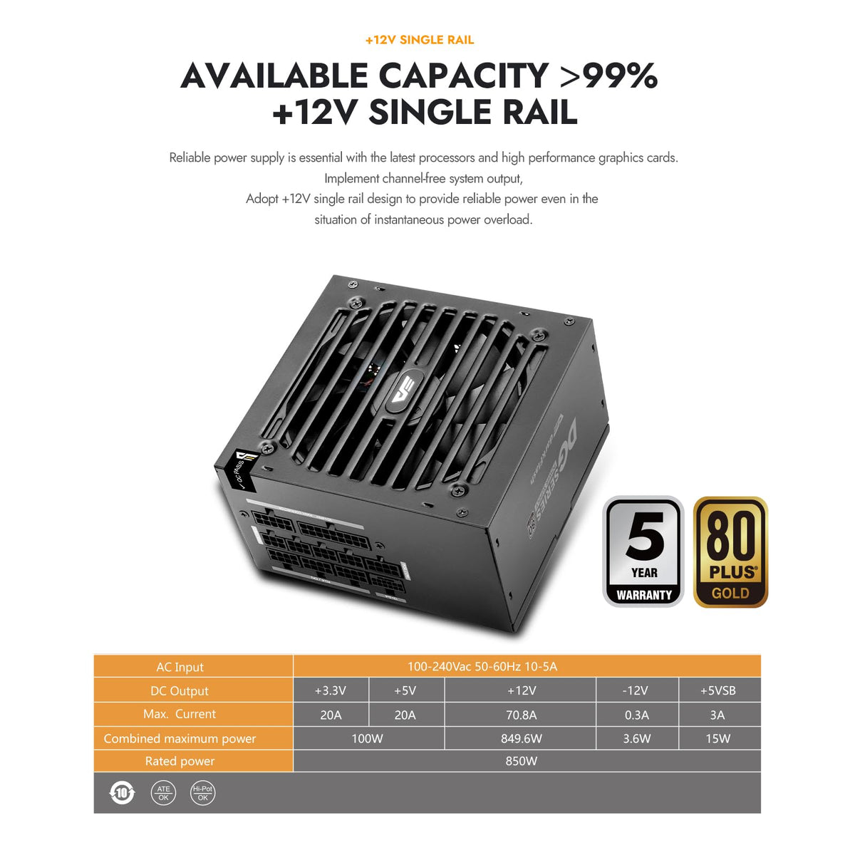 750W 80 Plus Gold ATX 3.1 PCIe 5.1 PC Power Supply, Black Z52753