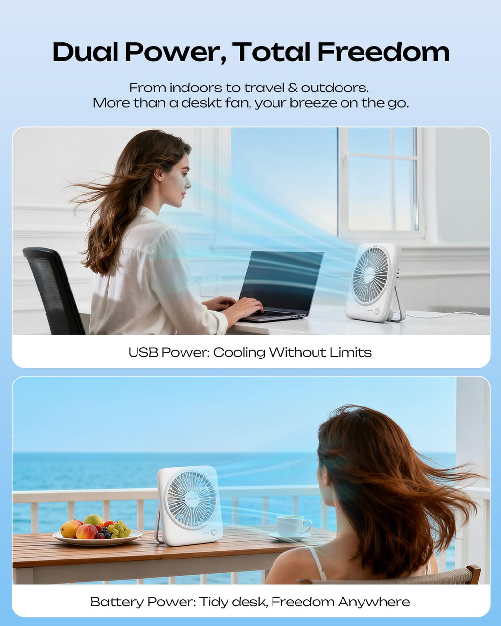 Portable Rechargeable Desk Fan 4000mAh 4-Speed 6.5 Inch White F288710