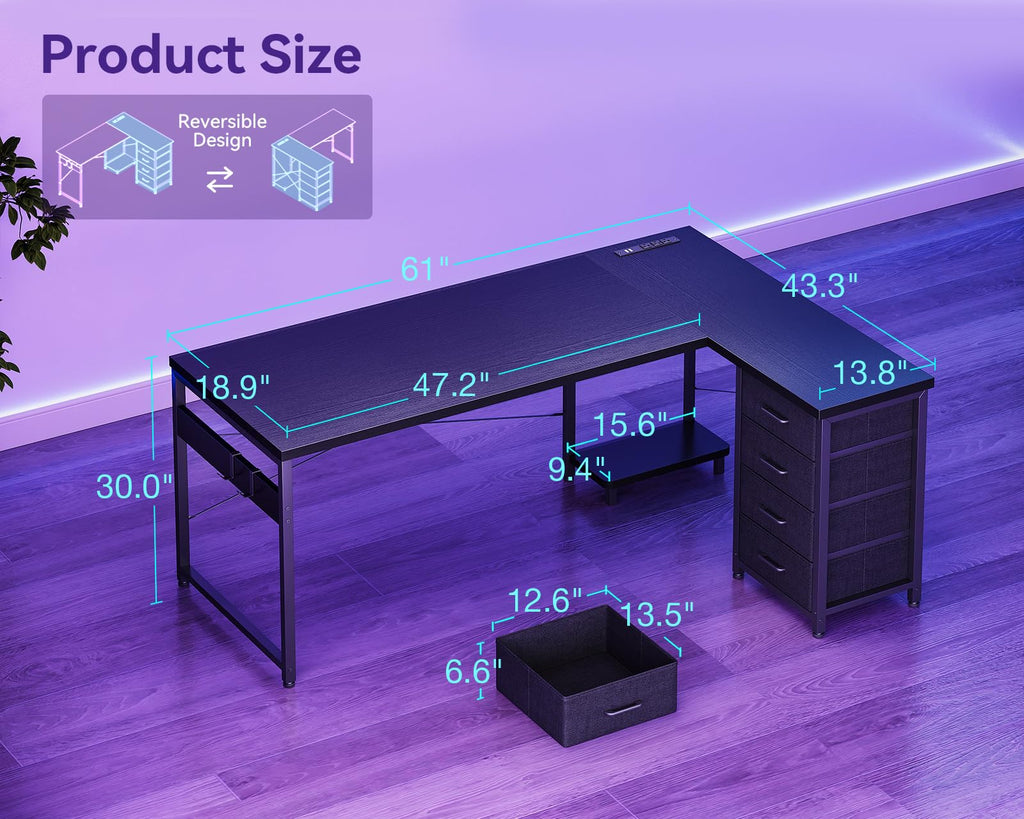 61" L Shaped Gaming Desk with 4 Drawers and Power Outlets, Black P3103