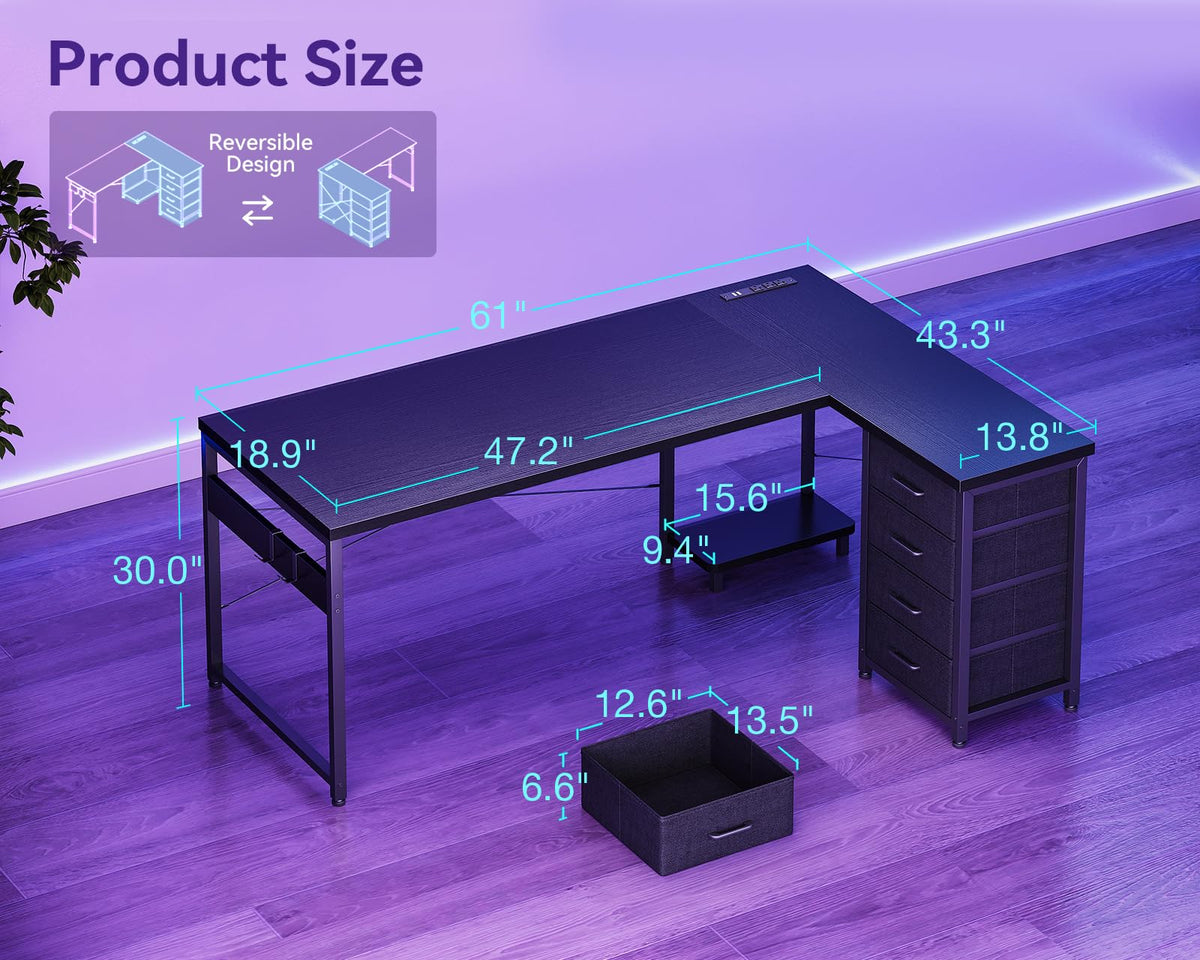61" L Shaped Gaming Desk with 4 Drawers and Power Outlets, Black P3103