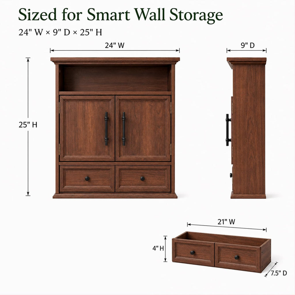 24" Wall Mounted Bathroom Storage Cabinet with Adjustable Shelf, Open Shelf, Double Doors and Drawer, Walnut D734