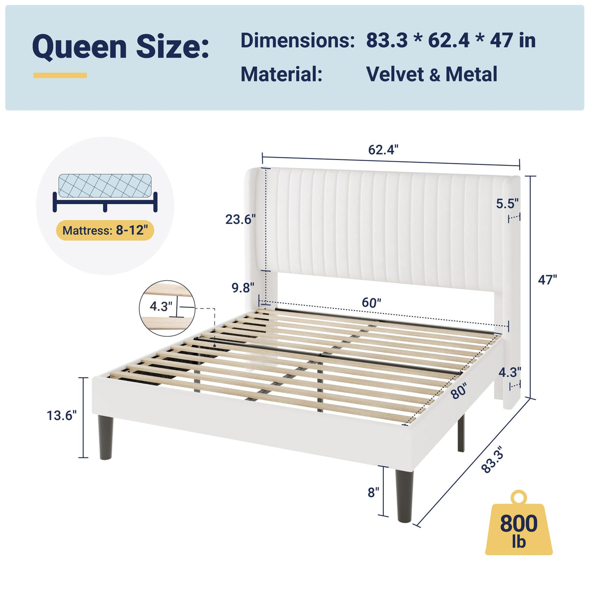 Queen Size White Velvet Upholstered Platform Bed D689732
