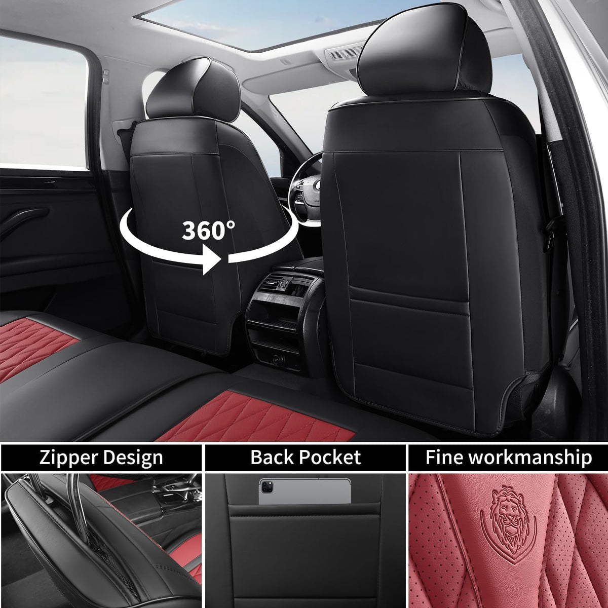 Red Black Leather Car Seat Covers Full Set Q4810