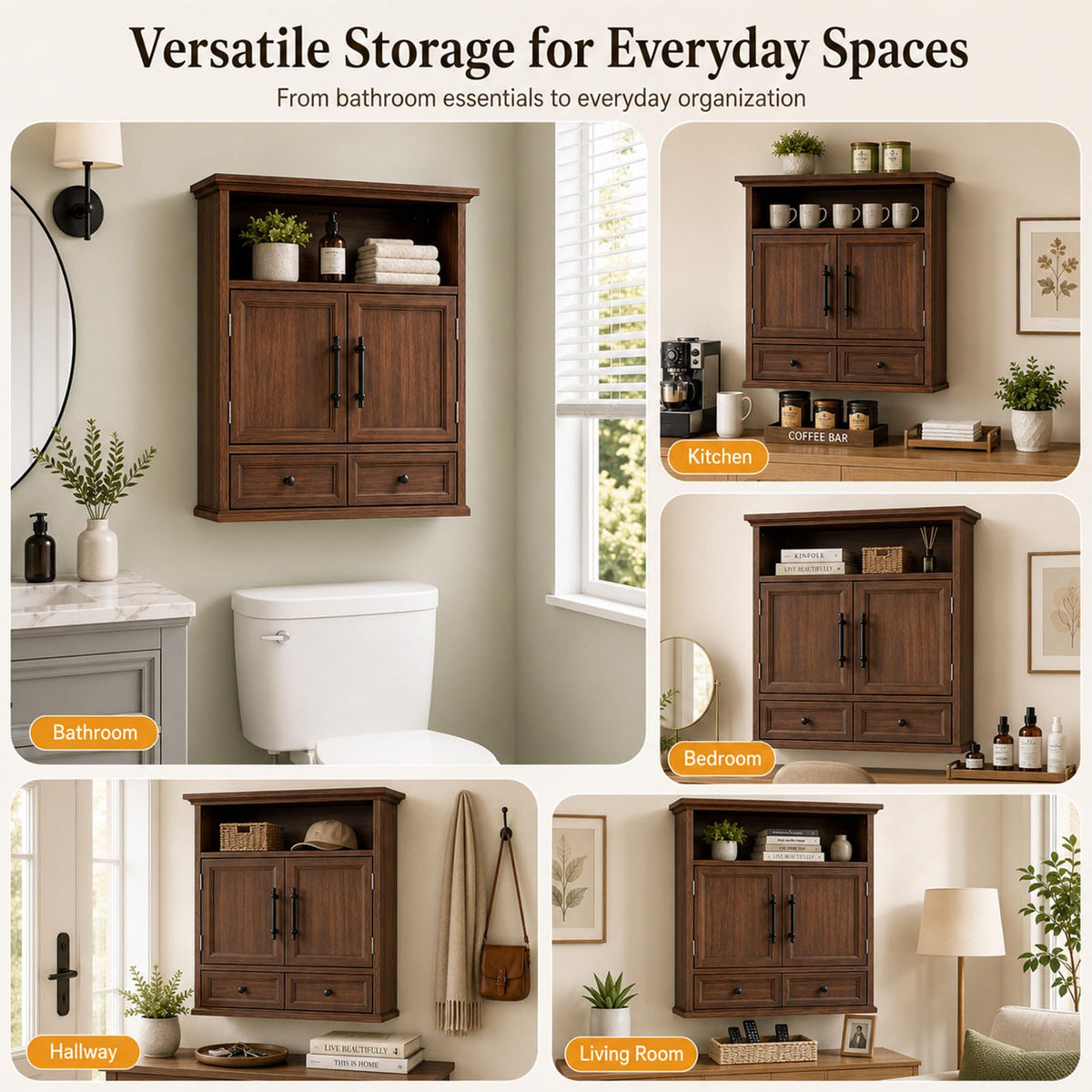 24" Wall Mounted Bathroom Storage Cabinet with Adjustable Shelf, Open Shelf, Double Doors and Drawer, Walnut D734