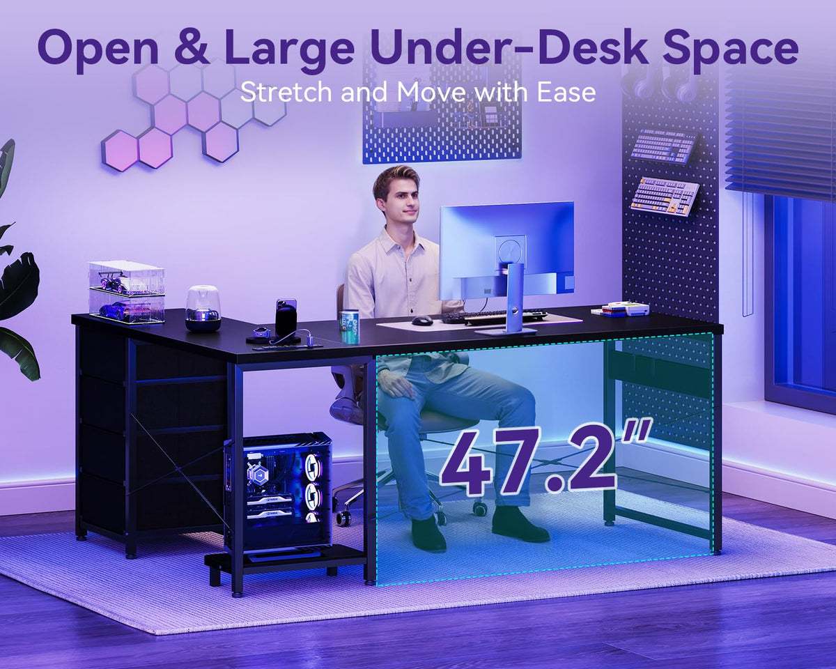 61" L Shaped Gaming Desk with 4 Drawers and Power Outlets, Black P3103