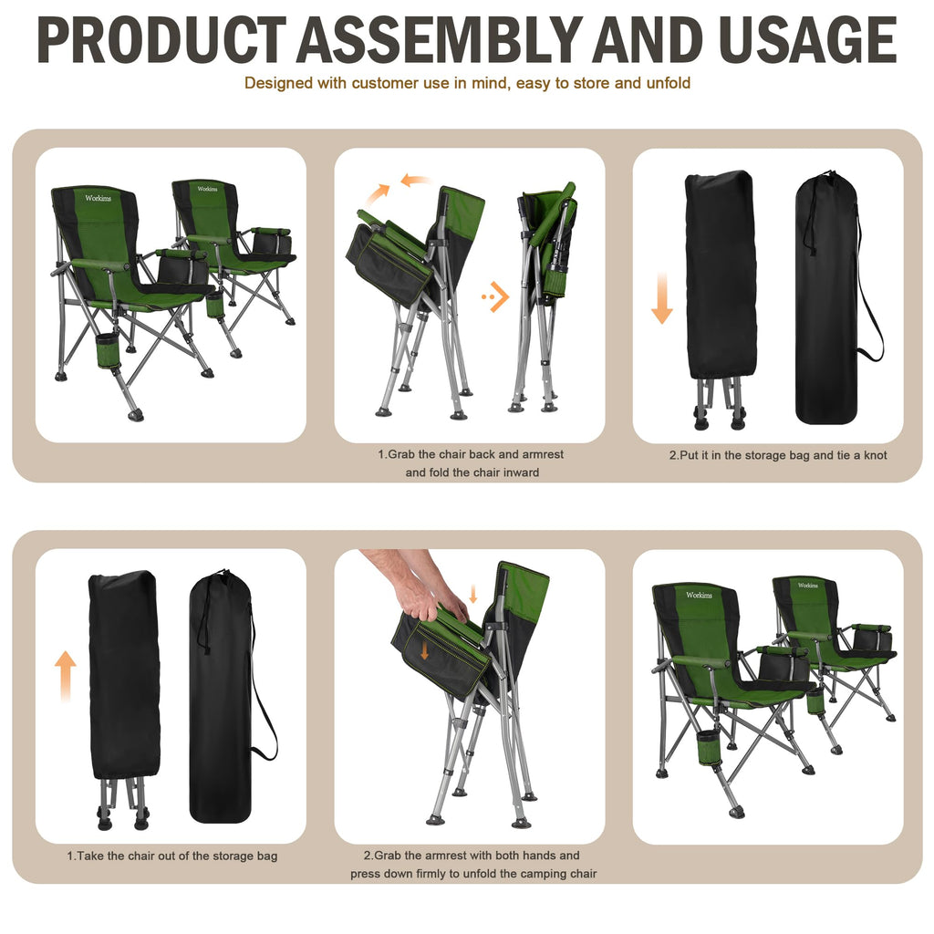 2 Pack Green Folding Camping Chair with Cup Holder and Storage Bag Z830