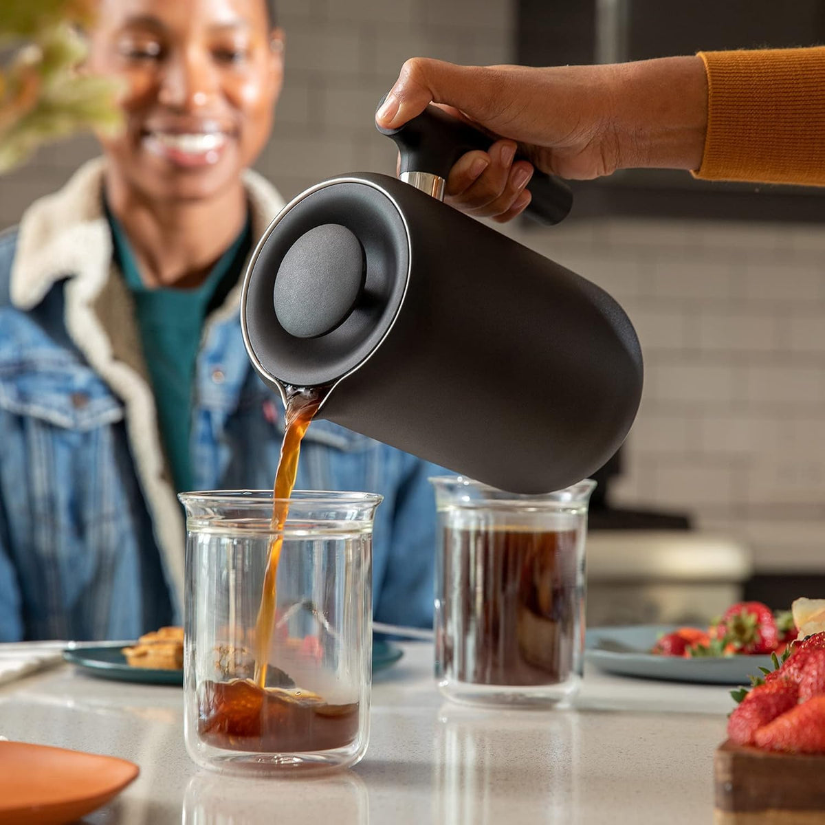 Insulated Coffee Maker with Enhanced Filtration System, Portable French Press Stainless Steel, 24 oz Carafe, Matte Black T1368