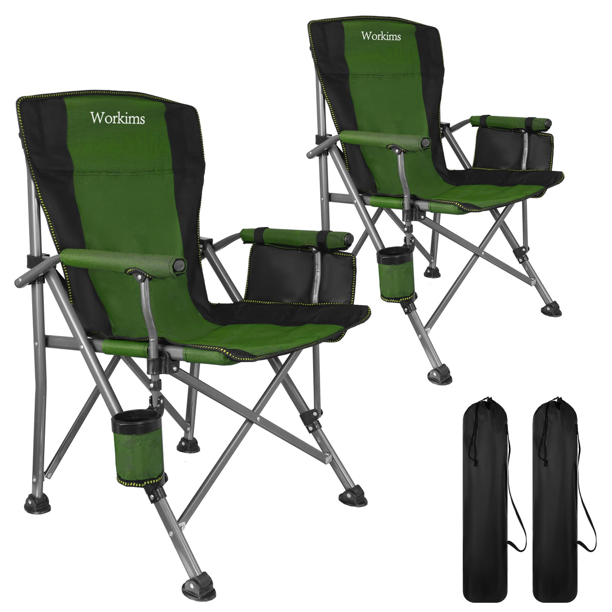 2 Pack Green Folding Camping Chair with Cup Holder and Storage Bag Z830