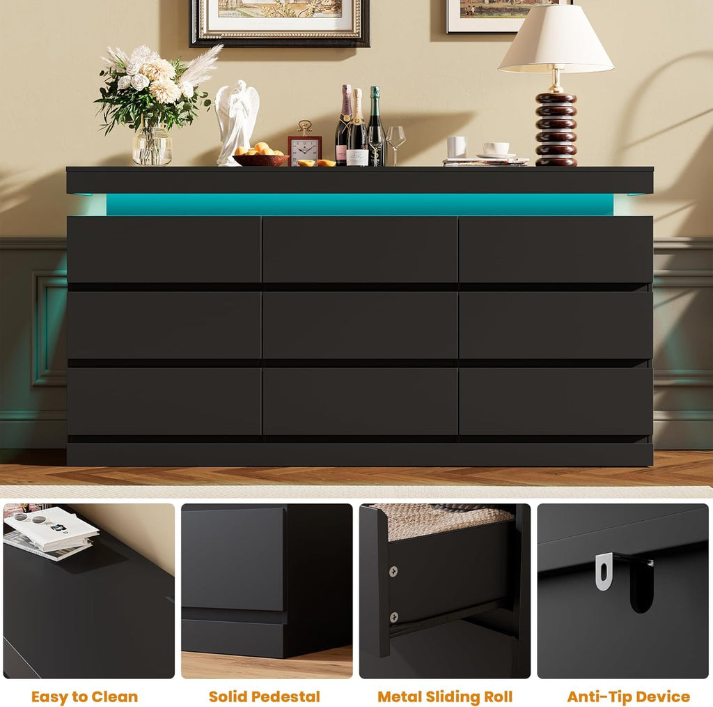 Black 9 Drawer Dresser with LED Light and Charging Station P3110