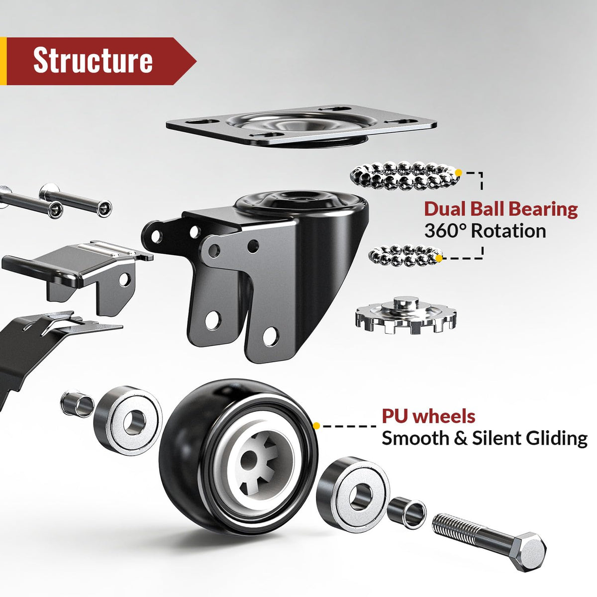 2 Inch Heavy Duty PU Caster Wheels, Set of 4 X9928