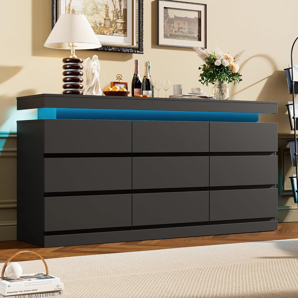 Black 9 Drawer Dresser with LED Light and Charging Station P3110