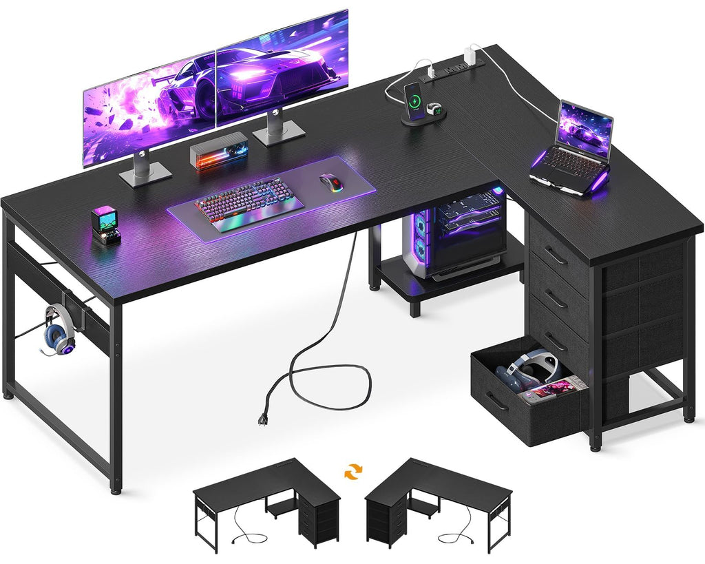 61" L Shaped Gaming Desk with 4 Drawers and Power Outlets, Black P3103