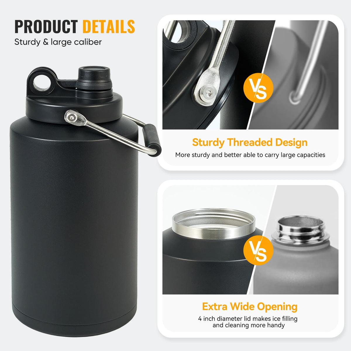 One Gallon 128oz Stainless Steel Insulated Water Bottle with Handle, Black K354