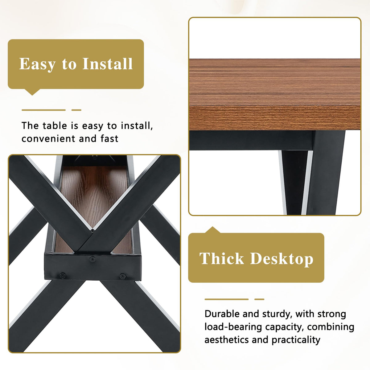 71-inch Dining Table with Chairs Set for 8, Walnut Wood Kitchen Table with Storage Shelf and Metal Legs, Brown PU Chairs A627