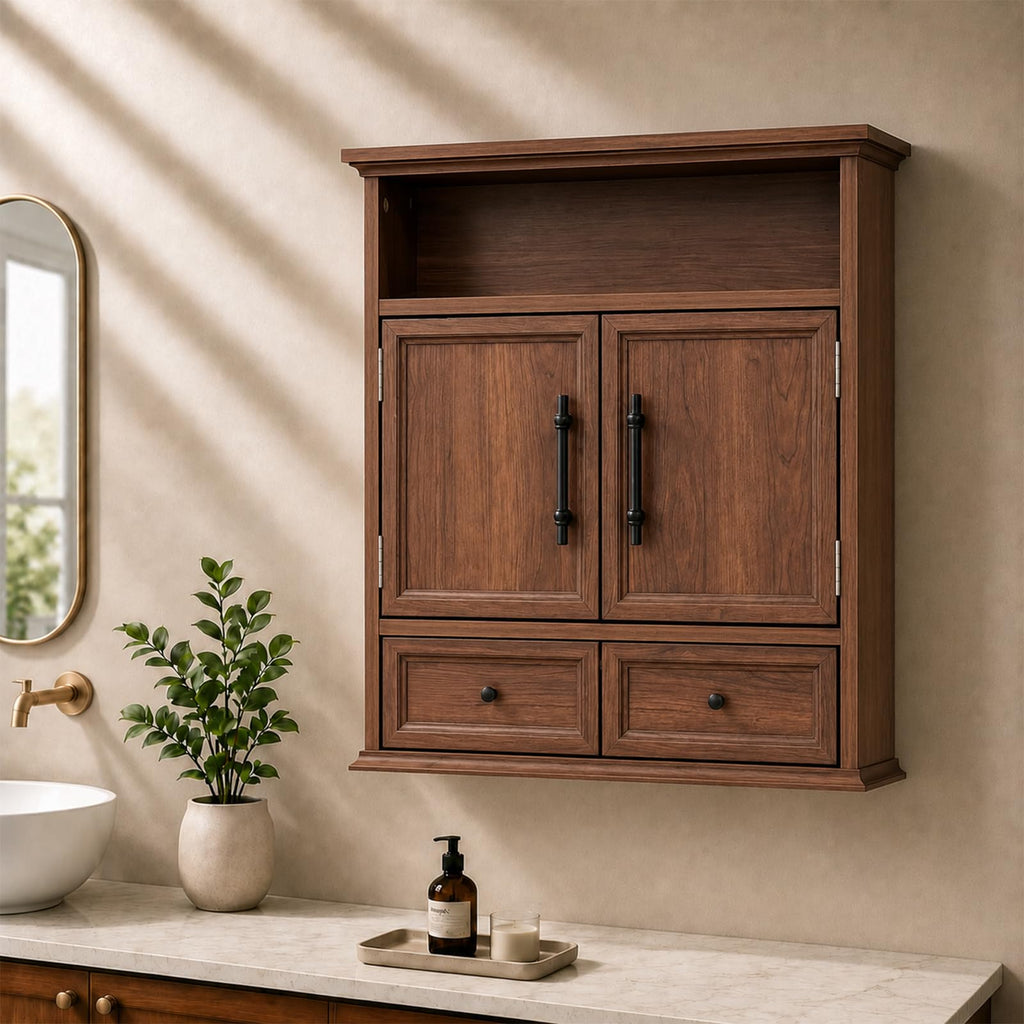 24" Wall Mounted Bathroom Storage Cabinet with Adjustable Shelf, Open Shelf, Double Doors and Drawer, Walnut D734