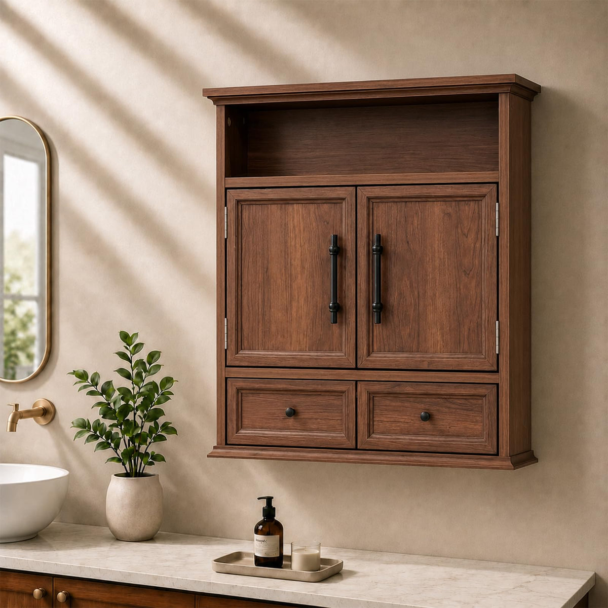 24" Wall Mounted Bathroom Storage Cabinet with Adjustable Shelf, Open Shelf, Double Doors and Drawer, Walnut D734