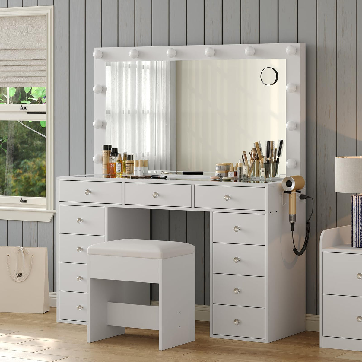 White Vanity Desk with Mirror and Chair P751