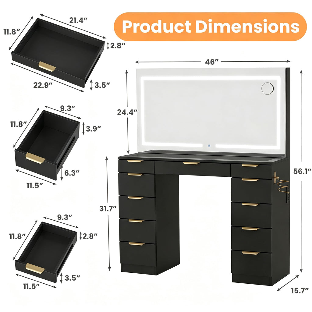 Glass Top Vanity Desk with Mirror and Lights, 11 Drawers Makeup Vanity with Stool A1961