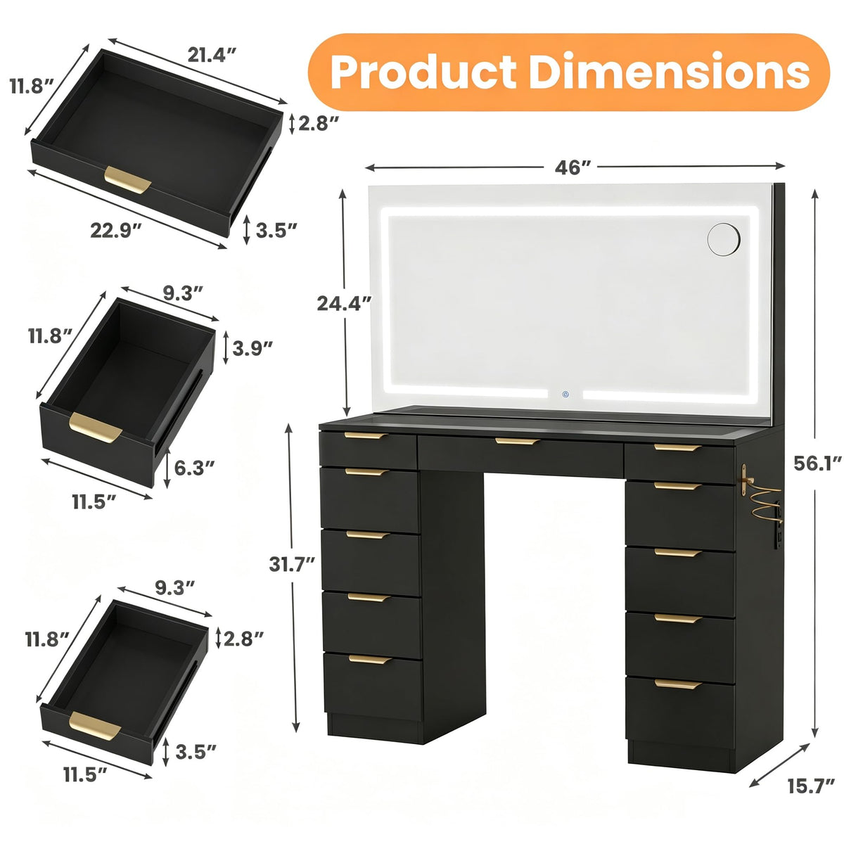 Glass Top Vanity Desk with Mirror and Lights, 11 Drawers Makeup Vanity with Stool A1961