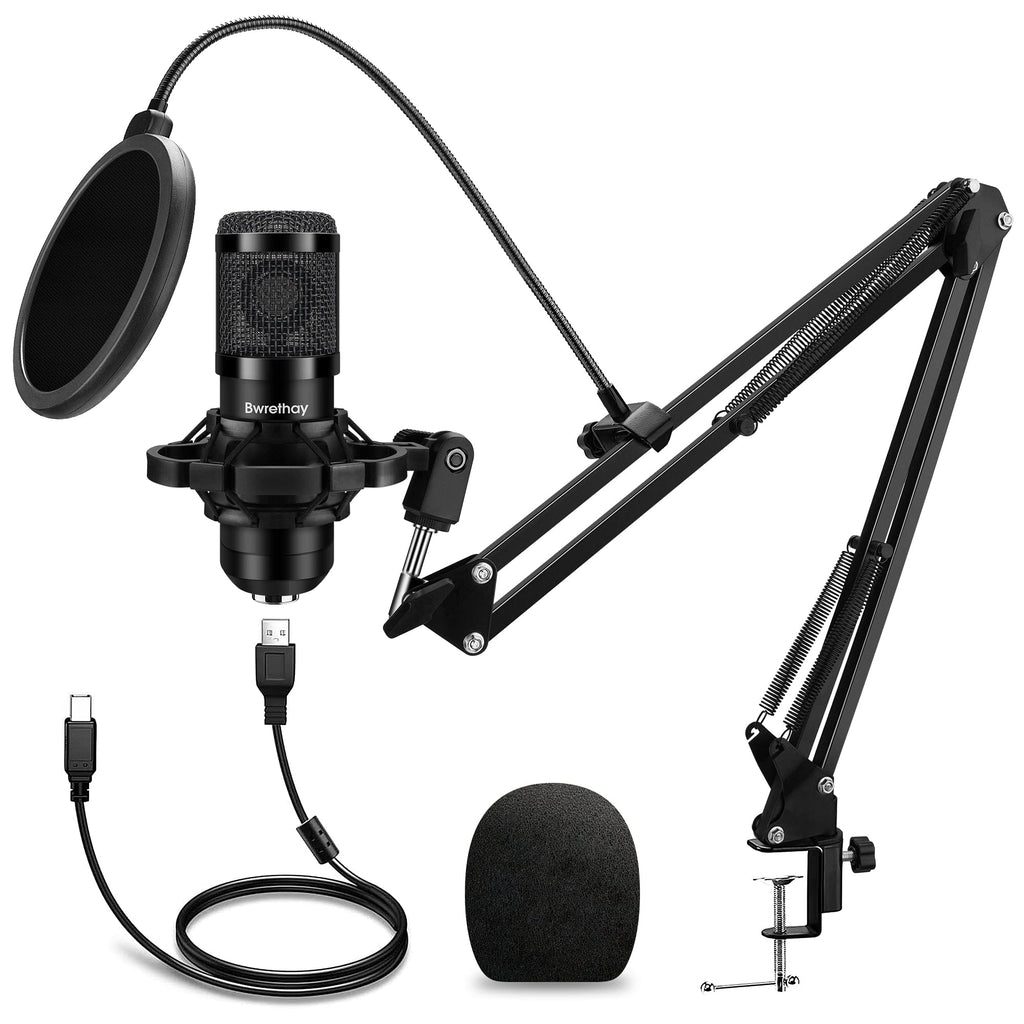 USB Condenser Cardioid Microphone with Boom Arm Stand and Shock Mount, Black O488