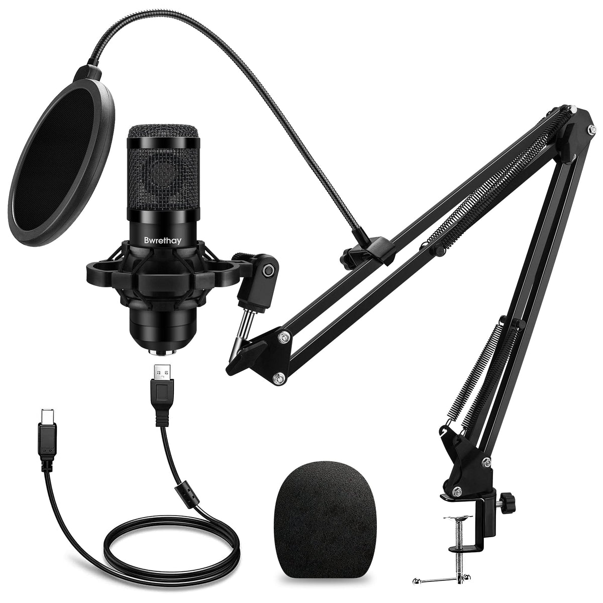 USB Condenser Cardioid Microphone with Boom Arm Stand and Shock Mount, Black O488