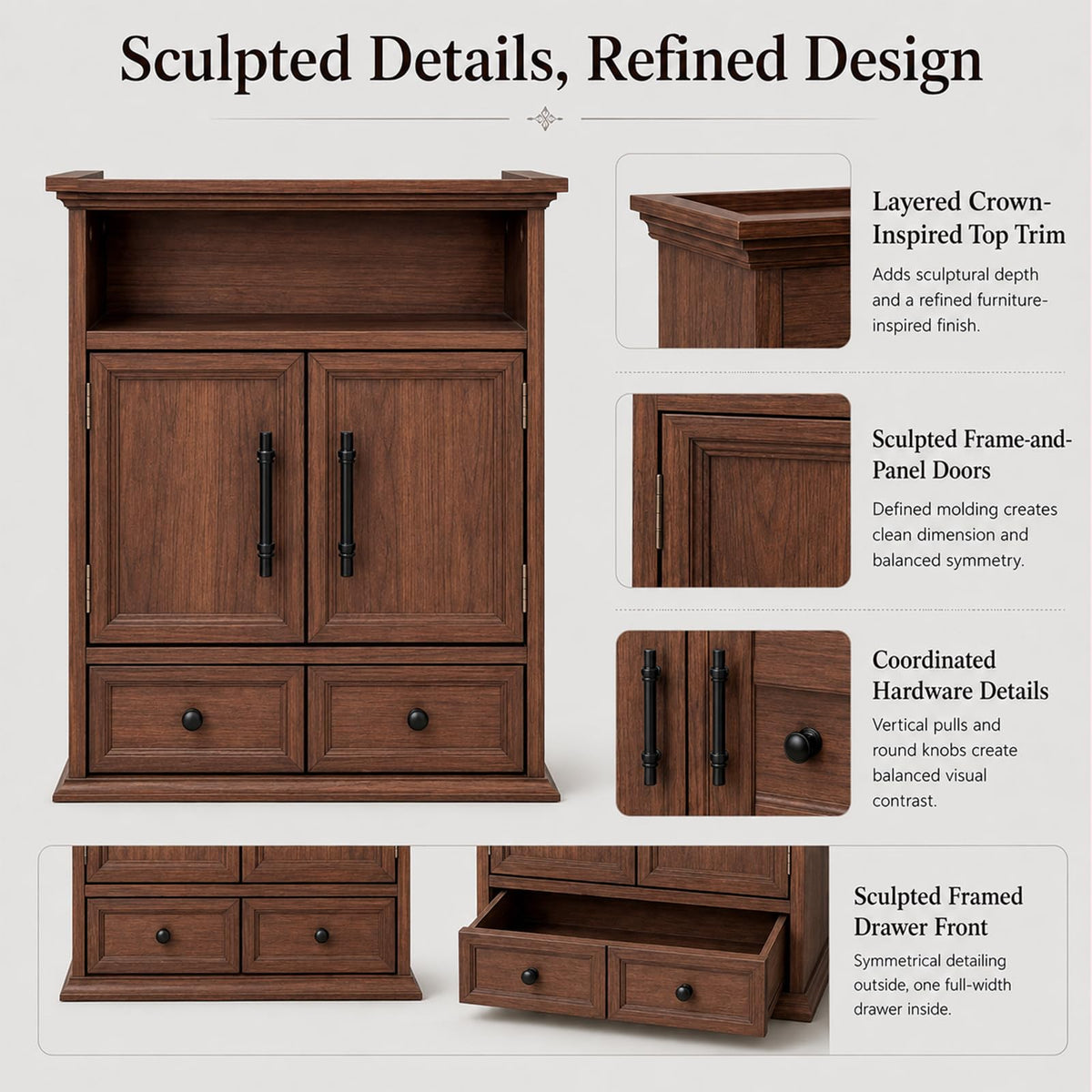 24" Wall Mounted Bathroom Storage Cabinet with Adjustable Shelf, Open Shelf, Double Doors and Drawer, Walnut D734