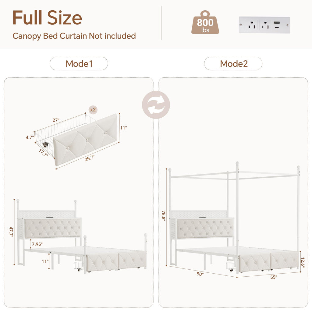 Full Size Canopy Bed Frame with Charging Station and LED Lights X988489
