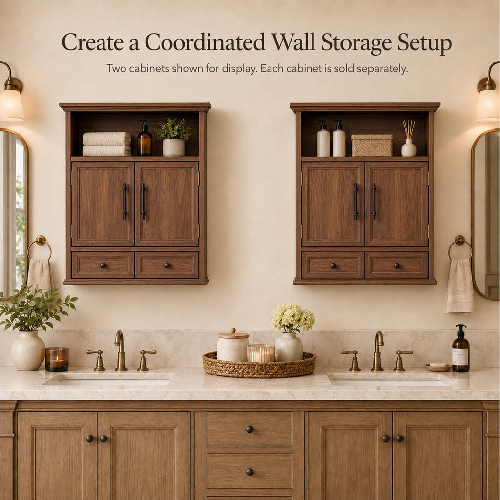 24" Wall Mounted Bathroom Storage Cabinet with Adjustable Shelf, Open Shelf, Double Doors and Drawer, Walnut D734