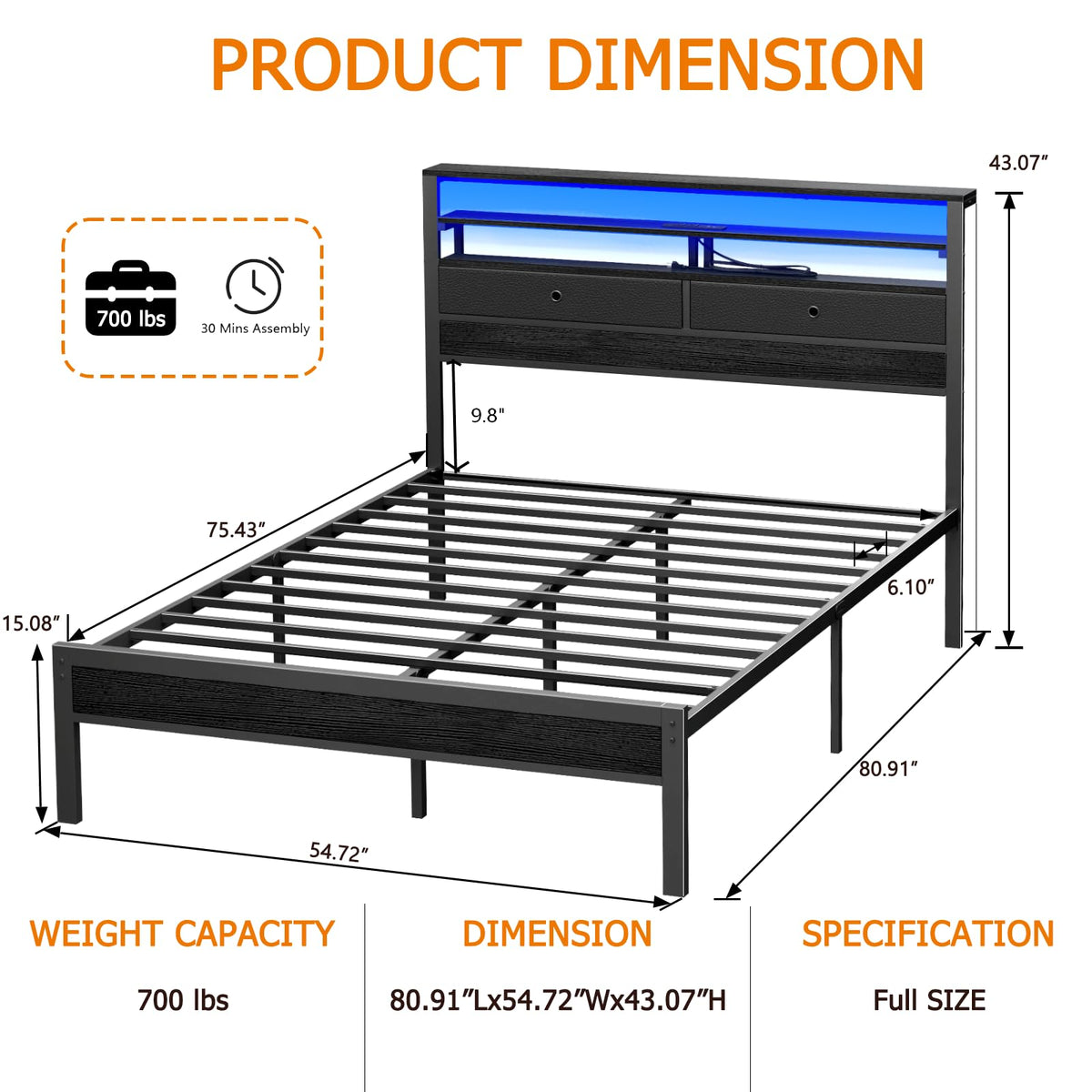 Full Size Bed Frame with Headboard & 2 Fabric Drawers S77307