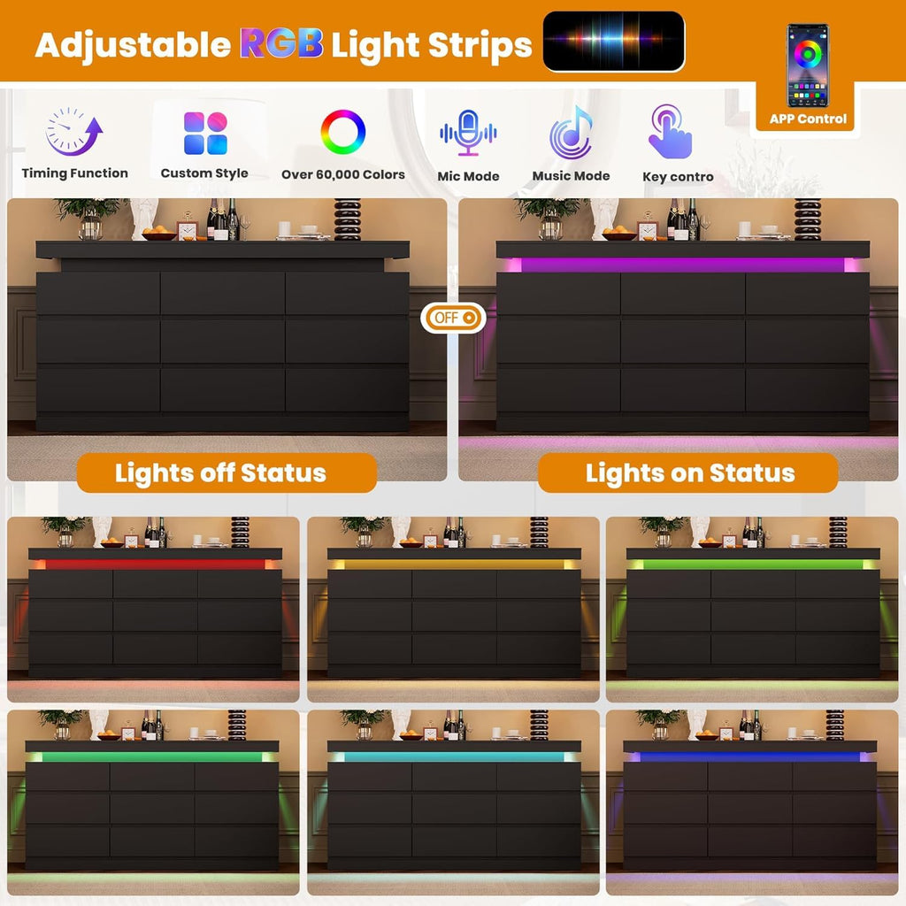 Black 9 Drawer Dresser with LED Light and Charging Station P3110