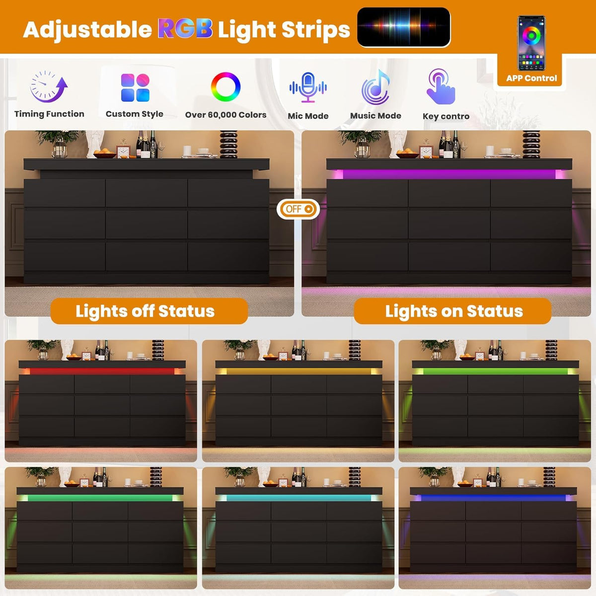 Black 9 Drawer Dresser with LED Light and Charging Station P3110