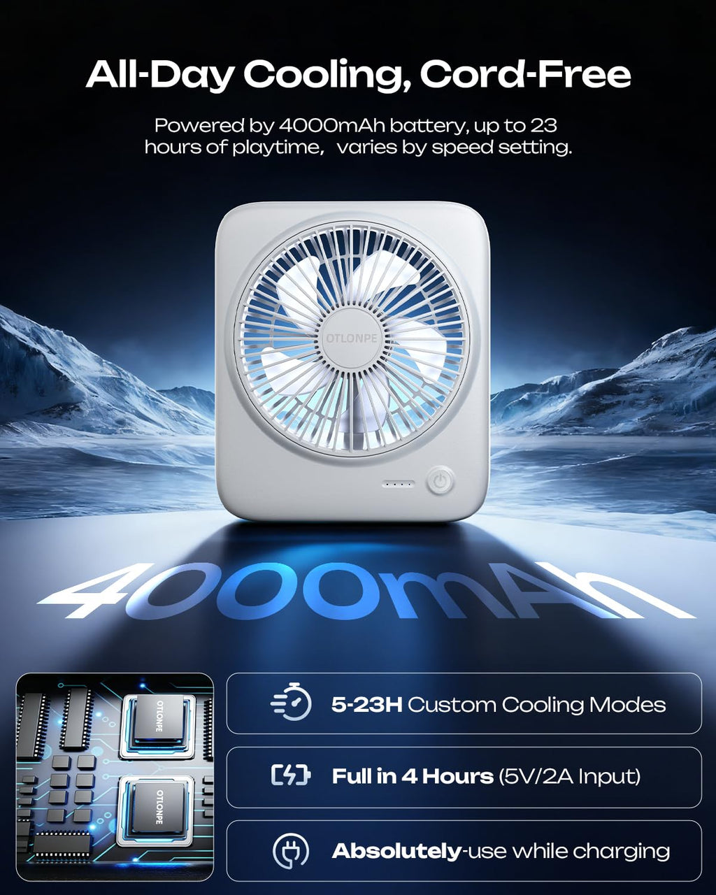 Portable Rechargeable Desk Fan 4000mAh 4-Speed 6.5 Inch White F288710