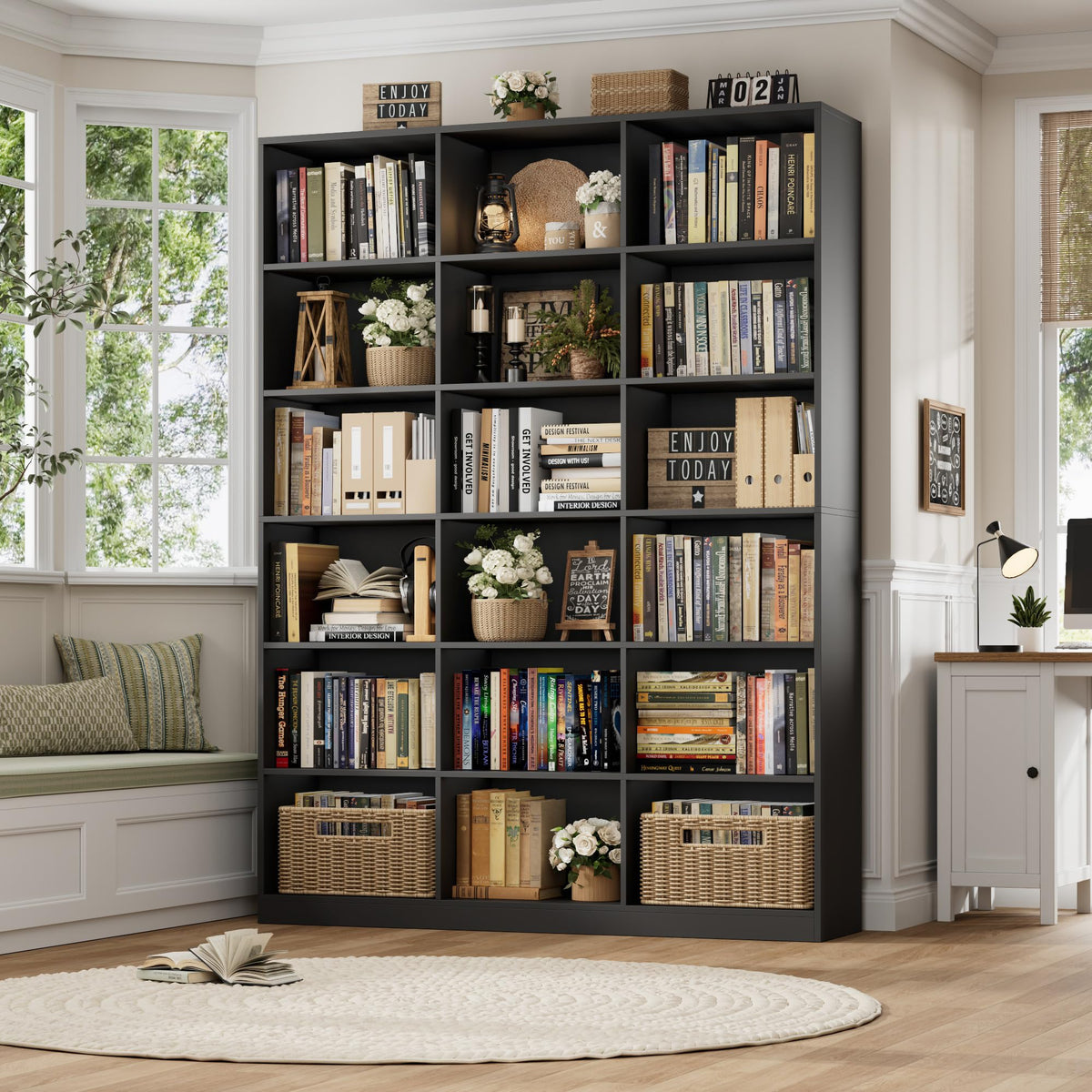 59" W Triple Wide Black Bookshelf and Bookcase N50264
