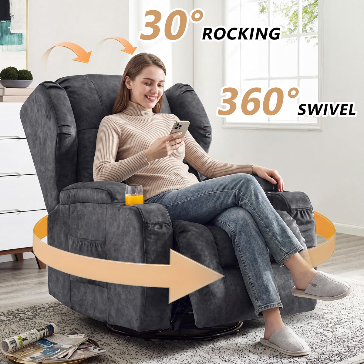 Manual Swivel Rocker Recliner Chair Velvet Grey G6107