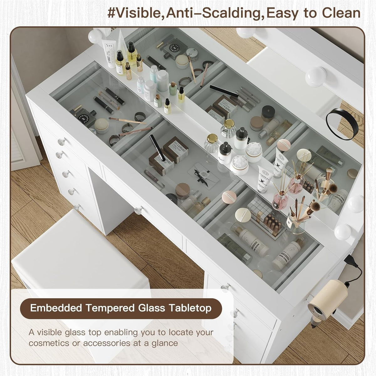 White Vanity Desk with Mirror and Chair P751