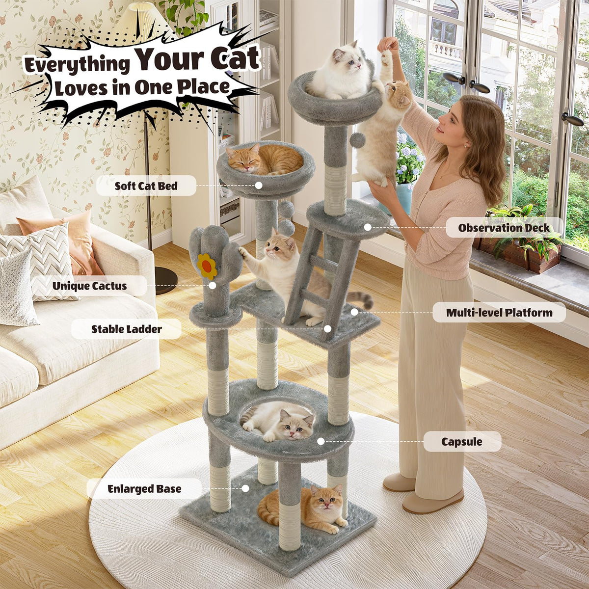 72in Gray Multi-Level Cat Tree with Transparent Capsule J72158