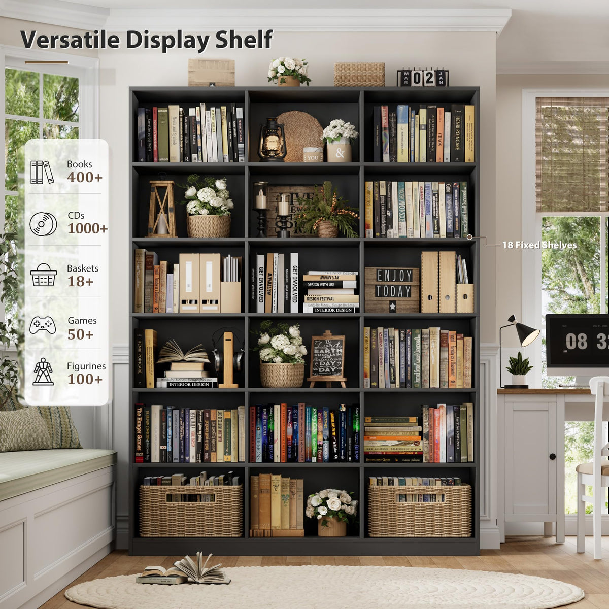 59" W Triple Wide Black Bookshelf and Bookcase N50264