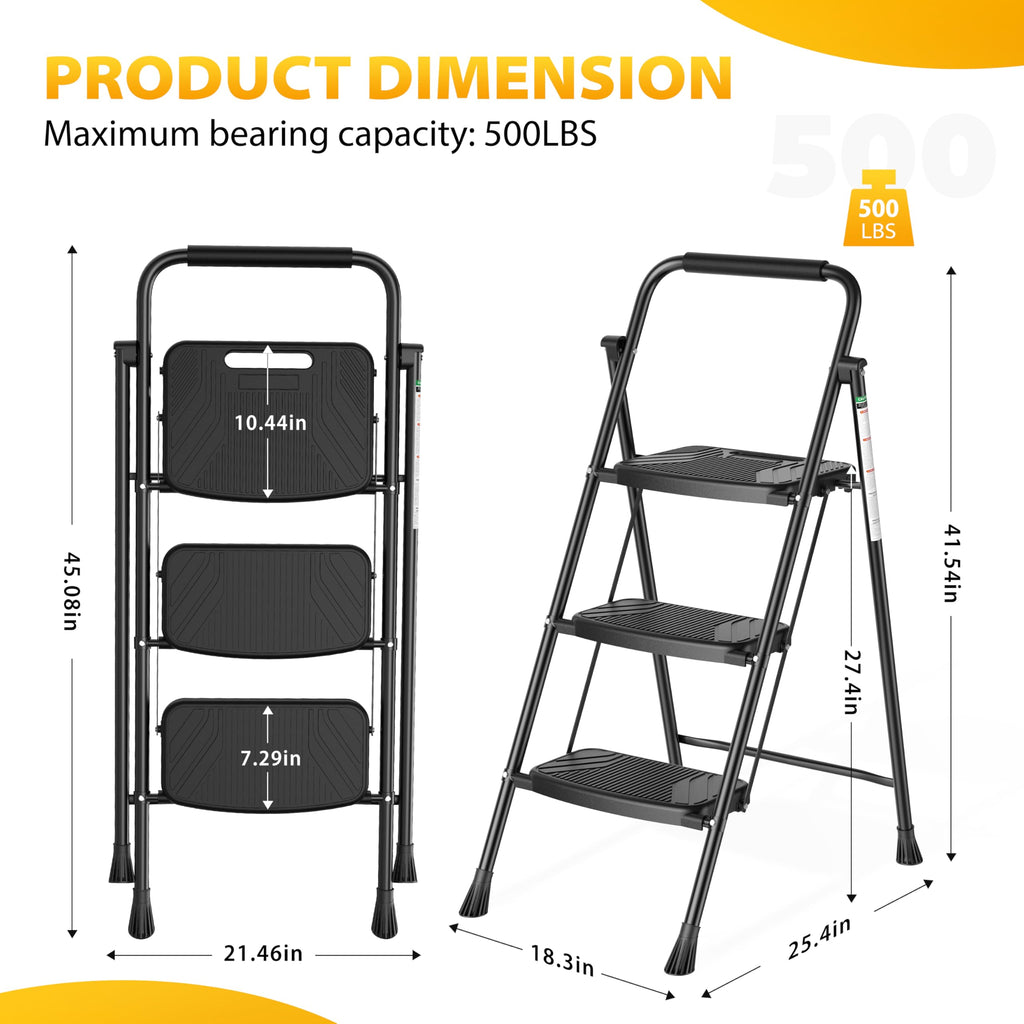 Folding Steel 3-Step Ladder with Handrail Q721161