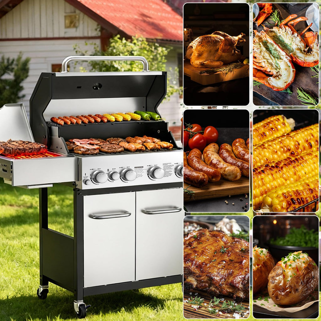 4 Burner Gas Grill with Side Burner and Wheels O985404
