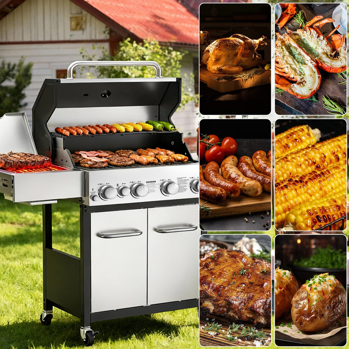 4 Burner Gas Grill with Side Burner and Wheels O985404