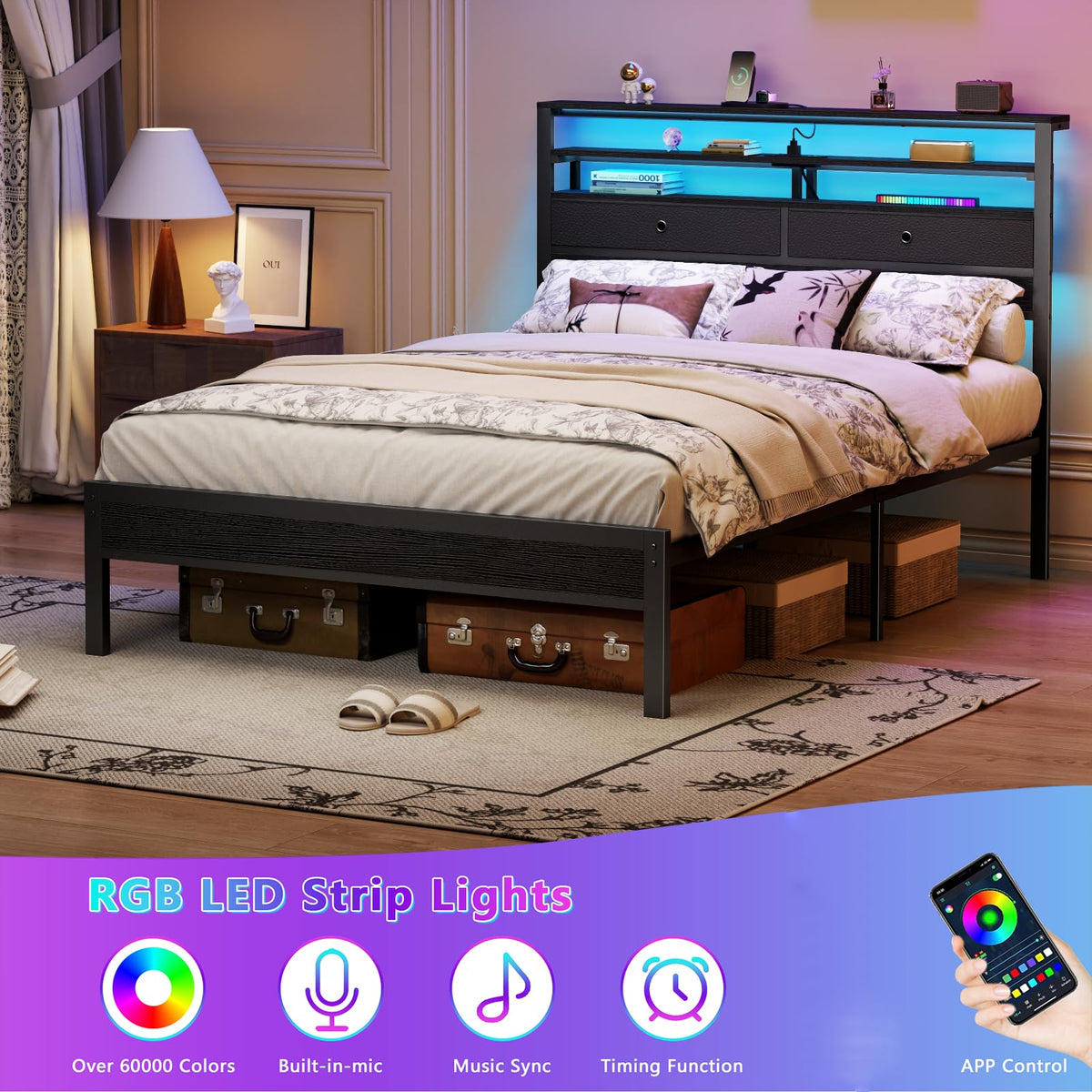 Full Size Bed Frame with Headboard & 2 Fabric Drawers S77307