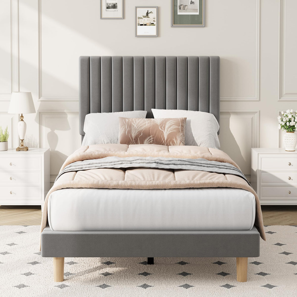 Velvet Upholstered Platform Bed with Adjustable Headboard X533