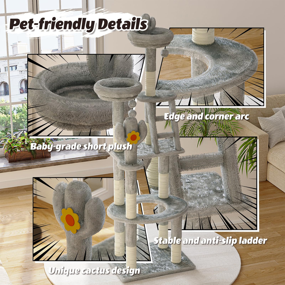 72in Gray Multi-Level Cat Tree with Transparent Capsule J72158