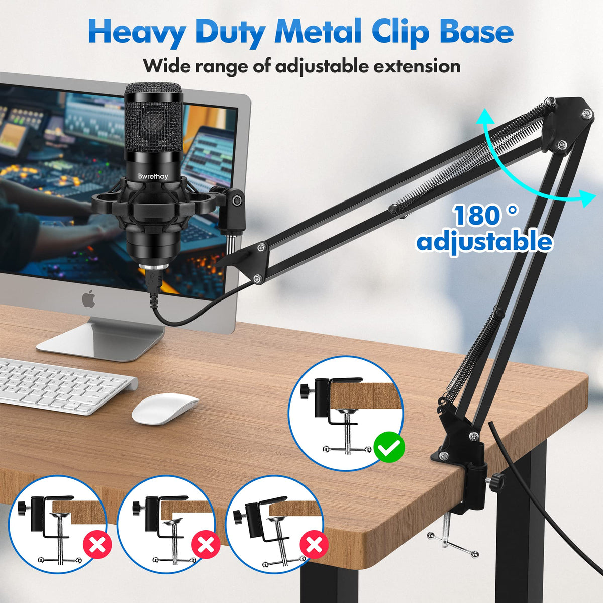 USB Condenser Cardioid Microphone with Boom Arm Stand and Shock Mount, Black O488