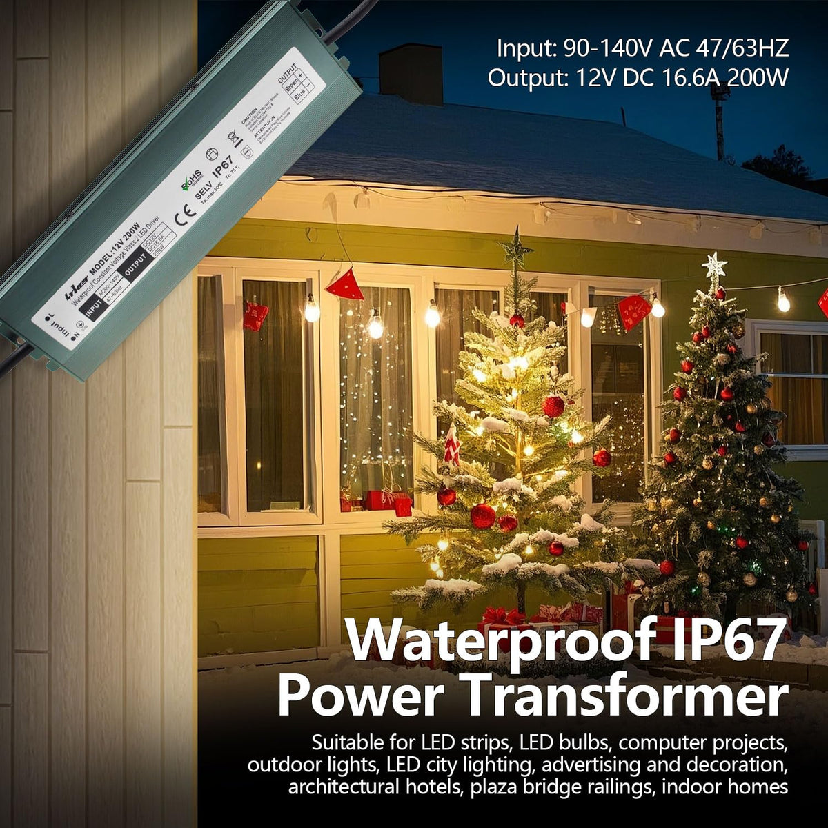 2 Pack 12V 200W Waterproof IP67 LED Driver W22404
