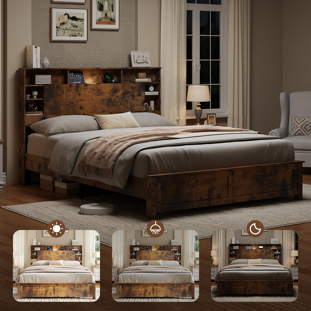Full Size Storage Headboard Charging Station LED Platform Bed Frame N959582