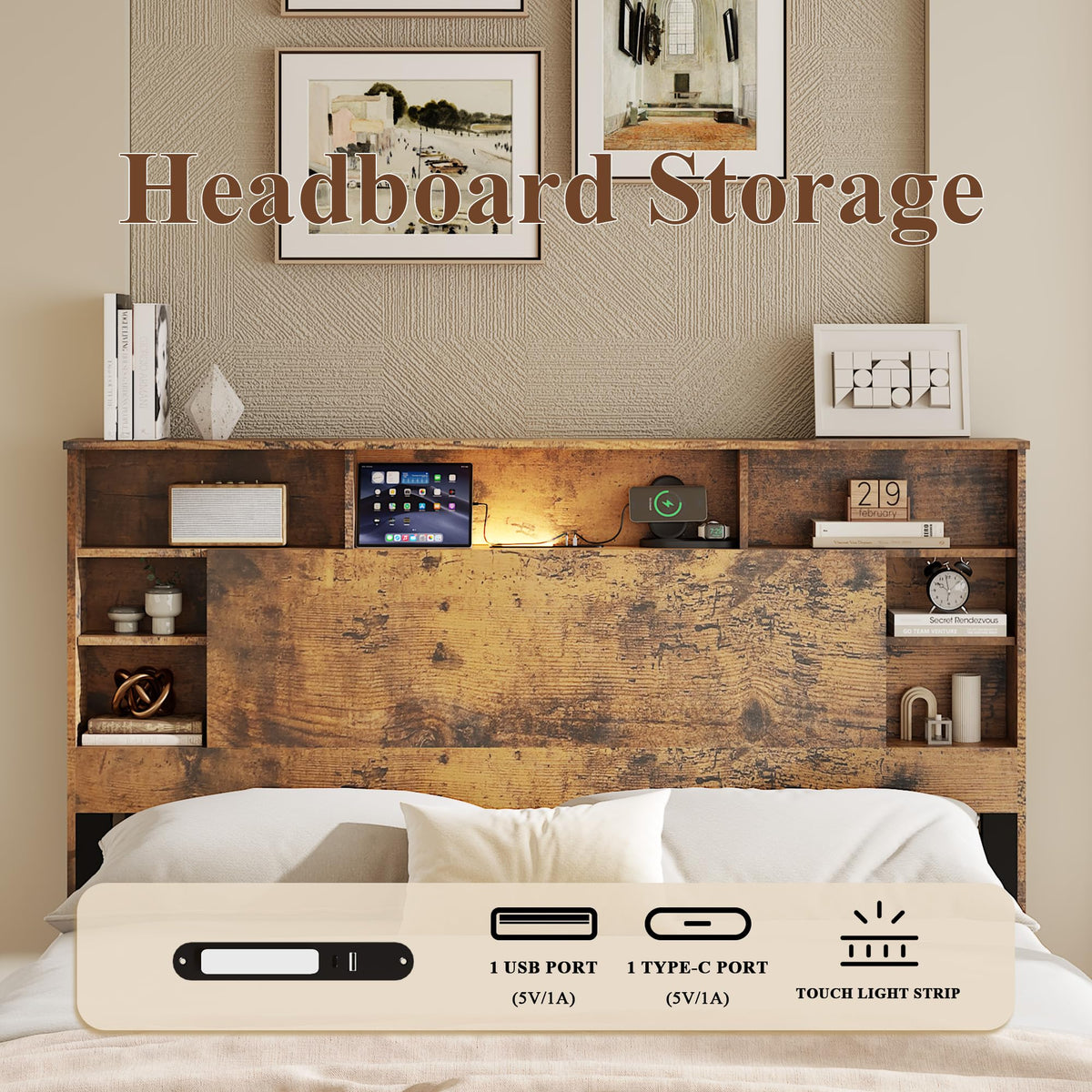 Full Size Storage Headboard Charging Station LED Platform Bed Frame N959582