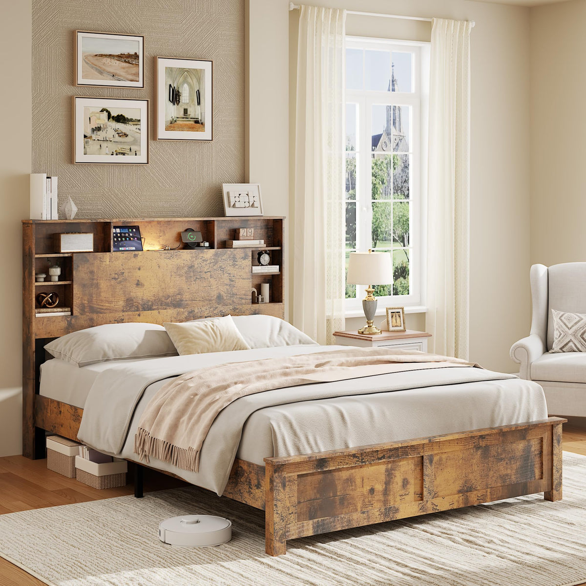 Full Size Storage Headboard Charging Station LED Platform Bed Frame N959582