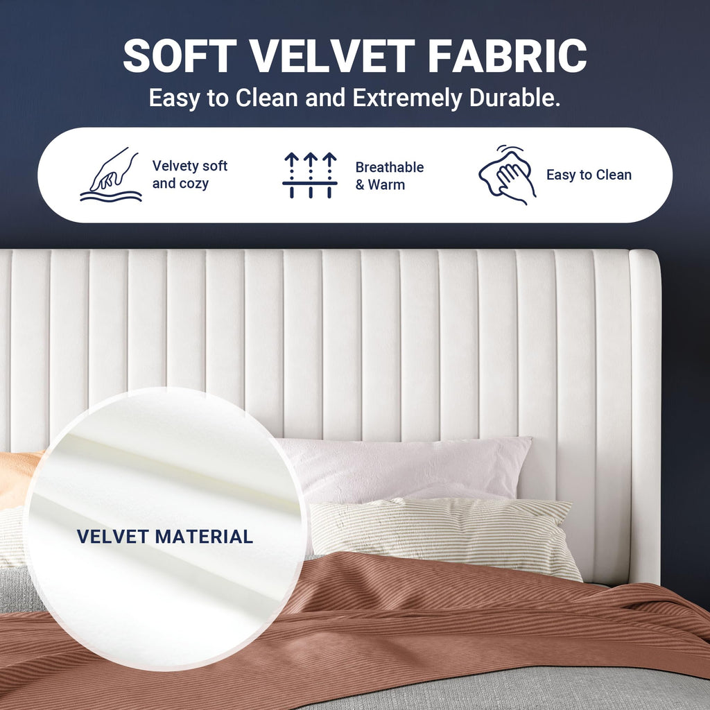 Queen Size White Velvet Upholstered Platform Bed D689732
