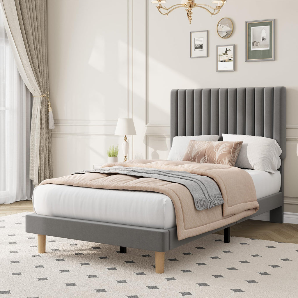 Velvet Upholstered Platform Bed with Adjustable Headboard X533